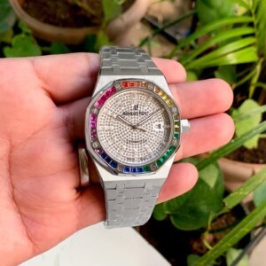 silver chain with rainbow diamond bezel