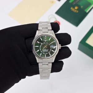 rolex sky dweller green dial swiss silver chain