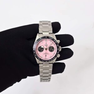 pink dial automatic silver chain