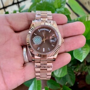 brown dial rose gold chain