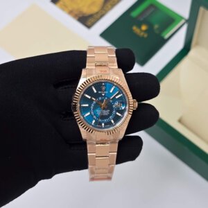 rolex blue dial rose gold chain