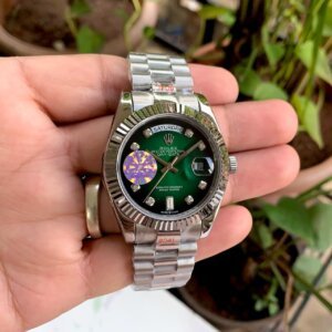 green dial silver chain diamond