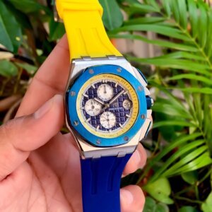 blue dial watch with yellow blue strap
