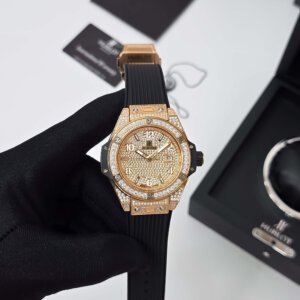 rose gold diamond dial with black strap