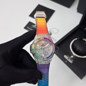 silver diamond dial with rainbow strap