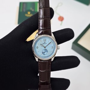 blue dial automatic watch with brown leather